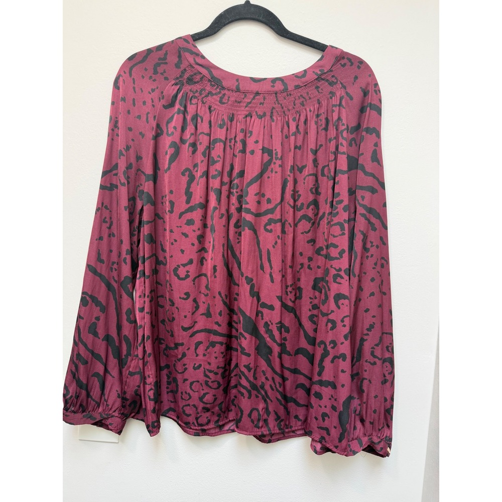 Ava & Viv Plus Size 2X Burgundy Black Animal Print Smocked Long Sleeve Blouse